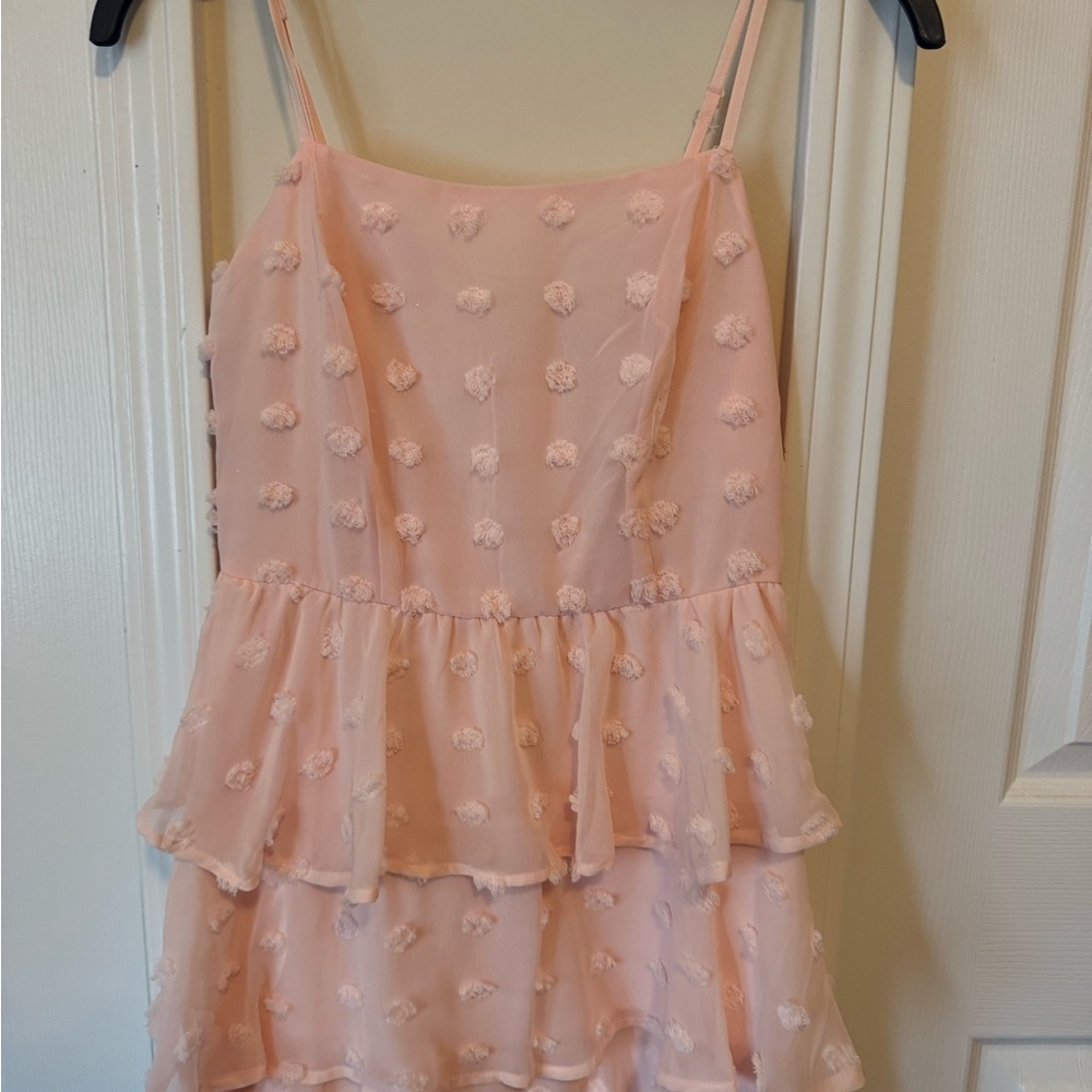 miami Blush Pink Tiered Pom-Pom Chiffon Mini Dress
